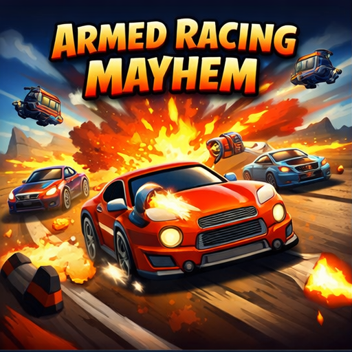 Armed Racing Mayhem Armed Racing Mayhem title and cars racing and shooting drawing in cartoon style