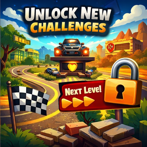 Progress Through Explosive Campaign Unlock New Challenges title with a finish line flag and road in the background